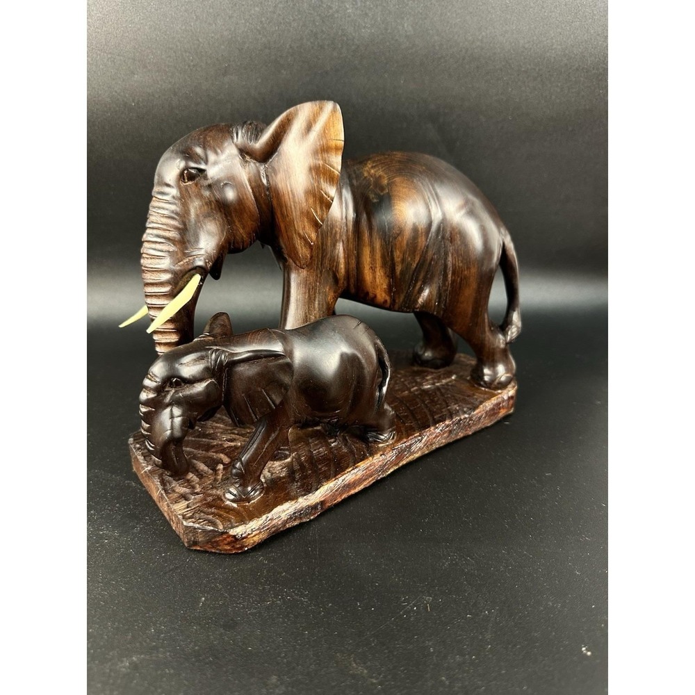 Vintage Hand Carved Hardwood Elephant Mother Calf Sculpture Possibly Ironwood